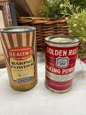 Golden Rule & Health-O Vintage Baking Powder Cans - Red, Pink, Gold